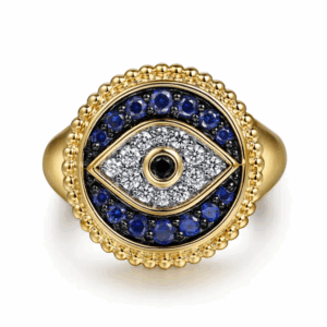 14K Yellow Gold Evil Eye Signet Ring with Multi-Stones & Diamonds Size 6.5