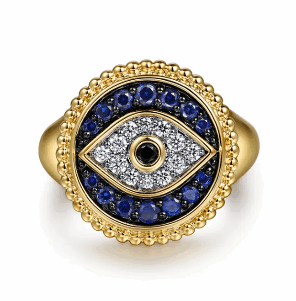 14K Yellow Gold Evil Eye Signet Ring with Multi-Stones & Diamonds Size 6.5 Fine Jewelry 11