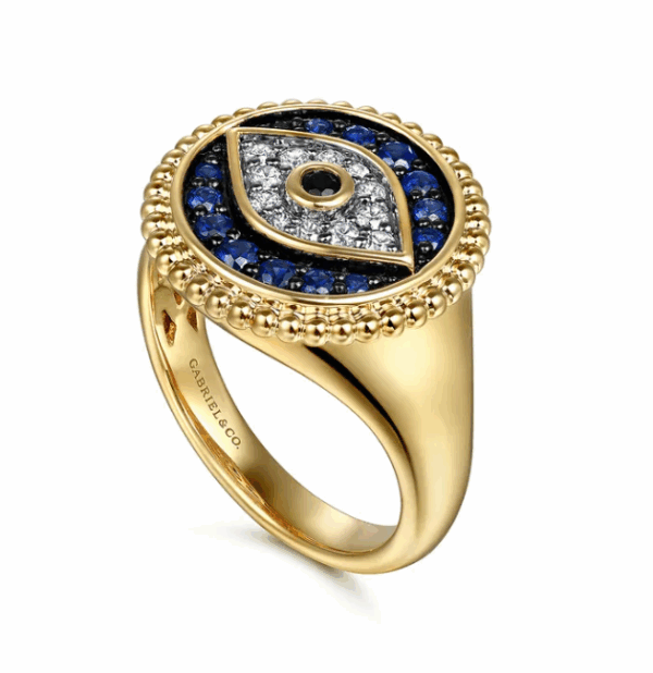 14K Yellow Gold Evil Eye Signet Ring with Multi-Stones & Diamonds Size 6.5 Fine Jewelry 14