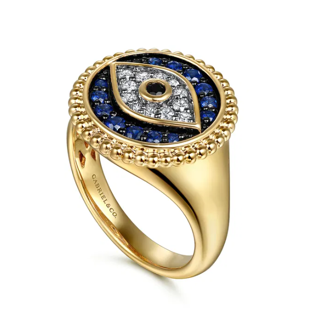14K Yellow Gold Evil Eye Signet Ring with Multi-Stones & Diamonds Size 6.5 Fine Jewelry 4