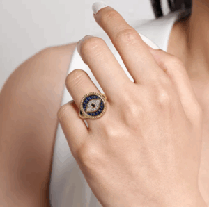 14K Yellow Gold Evil Eye Signet Ring with Multi-Stones & Diamonds Size 6.5 Fine Jewelry 7