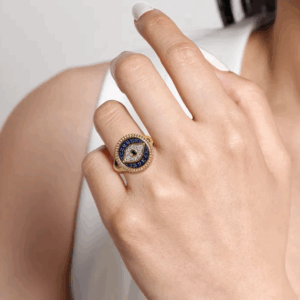 14K Yellow Gold Evil Eye Signet Ring with Multi-Stones & Diamonds Size 6.5