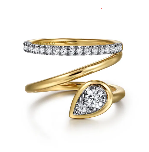 14K Two-Tone Bypass Ring with .48ctw Pear & Round Diamonds Size 6.5 Fine Jewelry