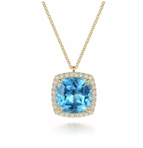 14K Yellow Gold Pendant with 10.92ct Cushion Cut Blue Topaz & .43ctw Diamond Halo 17.5″ Fine Jewelry 4