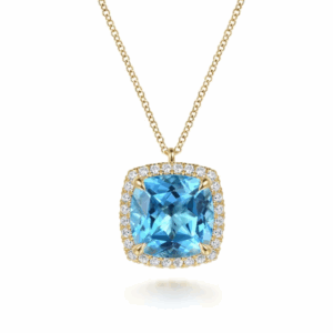 14K Yellow Gold Pendant with 10.92ct Cushion Cut Blue Topaz & .43ctw Diamond Halo 17.5
