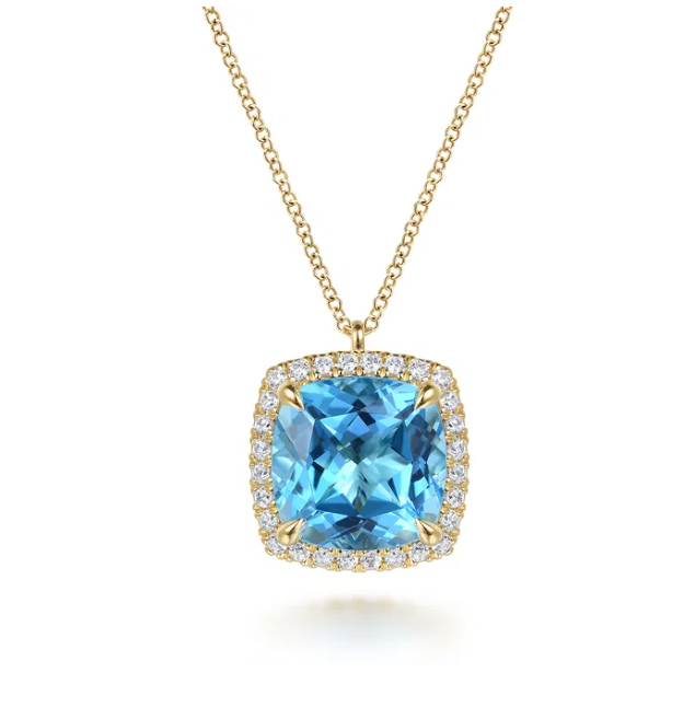 14K Yellow Gold Pendant with 10.92ct Cushion Cut Blue Topaz & .43ctw Diamond Halo 17.5″ Fine Jewelry