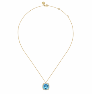 14K Yellow Gold Pendant with 10.92ct Cushion Cut Blue Topaz & .43ctw Diamond Halo 17.5″ Fine Jewelry 6