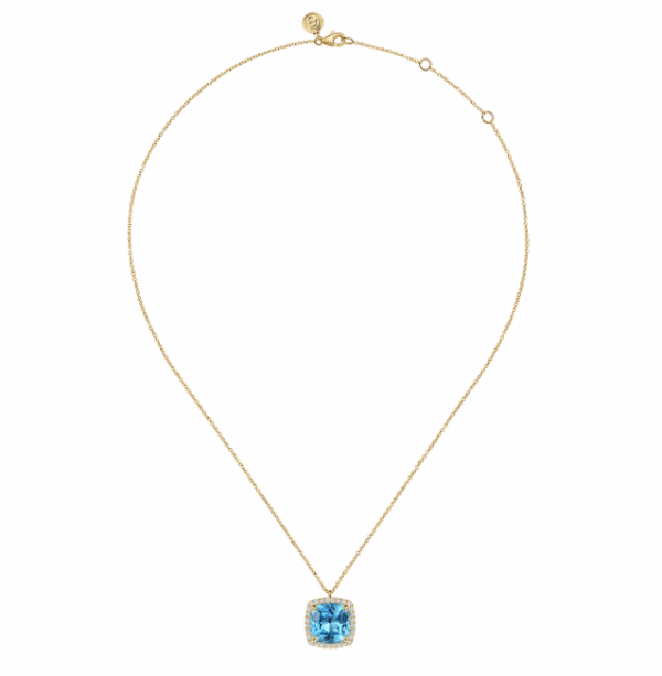 14K Yellow Gold Pendant with 10.92ct Cushion Cut Blue Topaz & .43ctw Diamond Halo 17.5″ Fine Jewelry 9