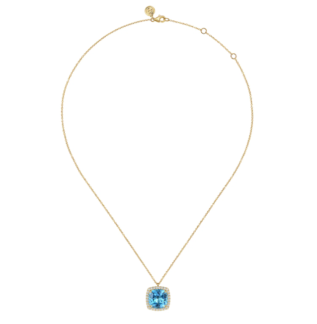 14K Yellow Gold Pendant with 10.92ct Cushion Cut Blue Topaz & .43ctw Diamond Halo 17.5″ Fine Jewelry 3