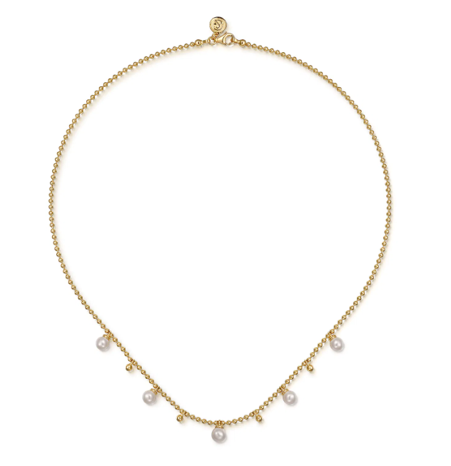 14K Yellow Gold Bujukan Bead Droplet Necklace with .93ctw Pearls 17.5″ Fine Jewelry