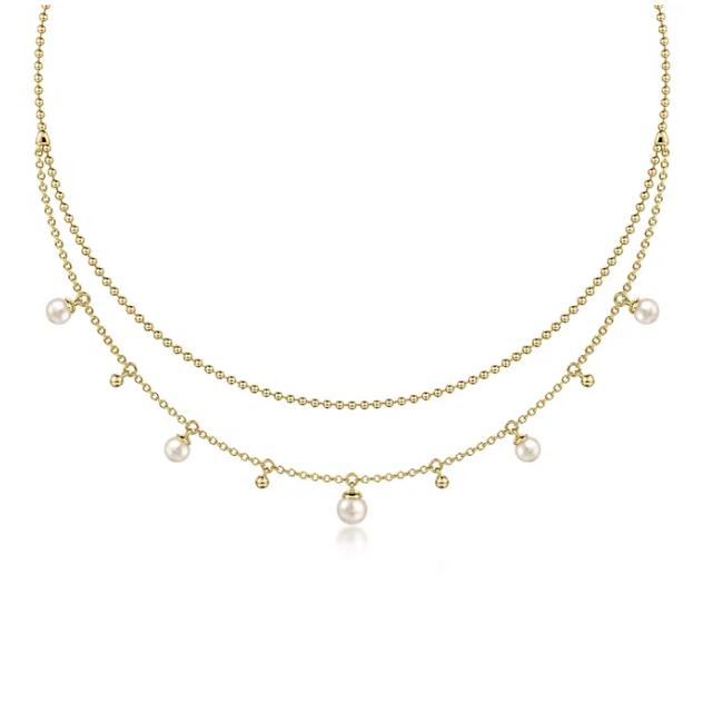 14K Yellow Gold Bujukan Bead Layered Necklace with 1.11ctw Pearls 17.5″ Fine Jewelry