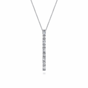 14K White Gold Vertical Bar Necklace with .77ctw Baguette & Round Diamonds 17.5
