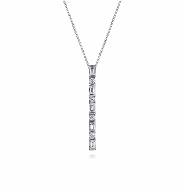 14K White Gold Vertical Bar Necklace with .77ctw Baguette & Round Diamonds 17.5″ Fine Jewelry 7