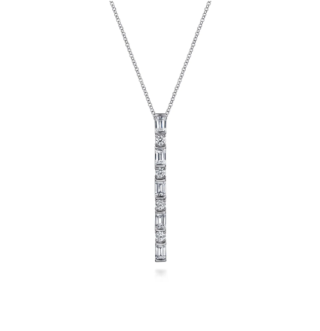 14K White Gold Vertical Bar Necklace with .77ctw Baguette & Round Diamonds 17.5″ Fine Jewelry