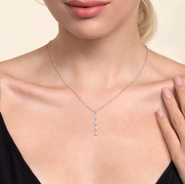 14K White Gold Vertical Bar Necklace with .77ctw Baguette & Round Diamonds 17.5″ Fine Jewelry 2