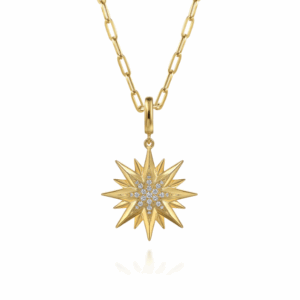 14K Yellow Gold Starburst Medallion Pendant with .20ctw Diamonds