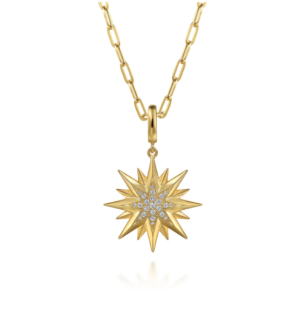 14K Yellow Gold Starburst Medallion Pendant with .20ctw Diamonds Fine Jewelry