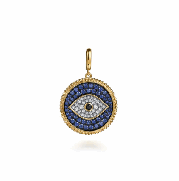14K Yellow Gold Evil Eye Medallion with Black/Blue Sapphires & Diamonds Fine Jewelry 11