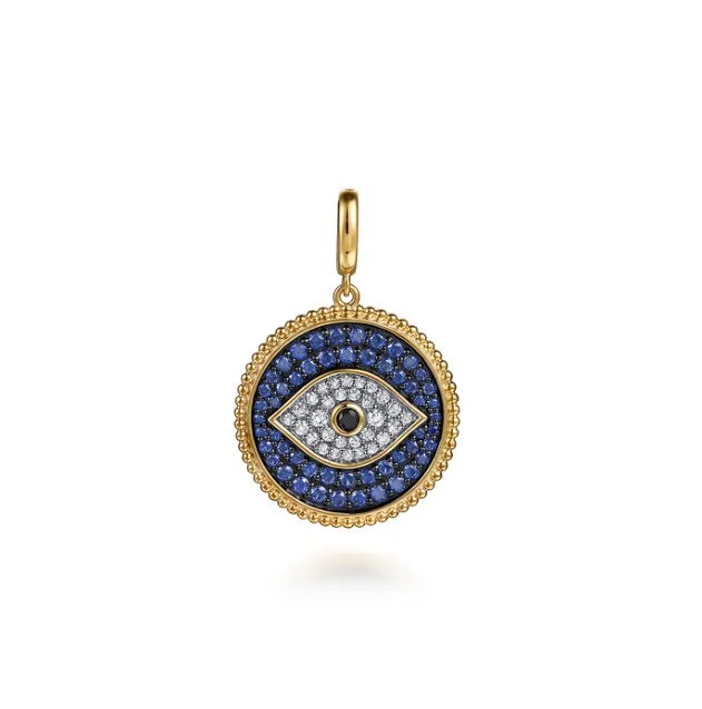 14K Yellow Gold Evil Eye Medallion with Black/Blue Sapphires & Diamonds Fine Jewelry 3