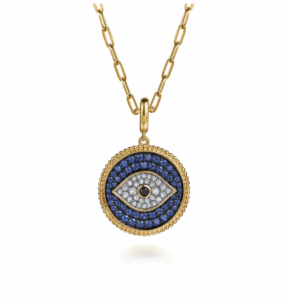 14K Yellow Gold Evil Eye Medallion with Black/Blue Sapphires & Diamonds Fine Jewelry 5