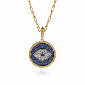 14K Yellow Gold Evil Eye Medallion with Black/Blue Sapphires & Diamonds