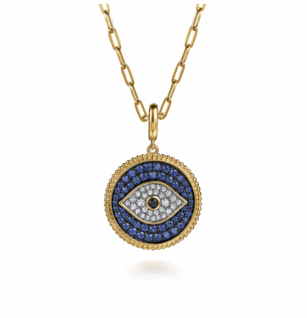 14K Yellow Gold Evil Eye Medallion with Black/Blue Sapphires & Diamonds Fine Jewelry 9