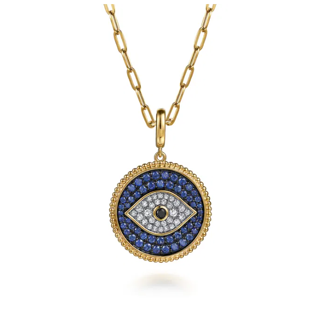 14K Yellow Gold Evil Eye Medallion with Black/Blue Sapphires & Diamonds Fine Jewelry
