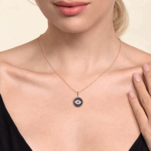 14K Yellow Gold Evil Eye Medallion with Black/Blue Sapphires & Diamonds