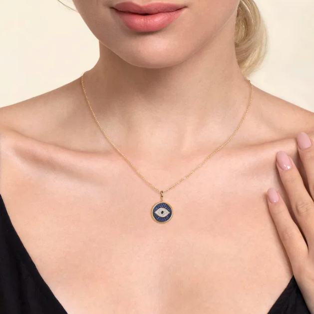 14K Yellow Gold Evil Eye Medallion with Black/Blue Sapphires & Diamonds Fine Jewelry 2