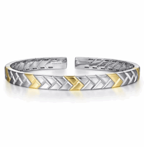 14K Yellow Gold & Sterling Silver Men’s Herringbone Open Cuff Bangle Size 7.25 Bracelets 5