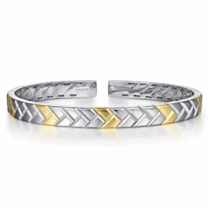 14K Yellow Gold & Sterling Silver Men's Herringbone Open Cuff Bangle Size 7.25