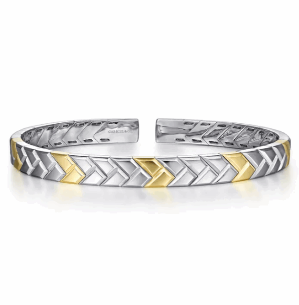 14K Yellow Gold & Sterling Silver Men’s Herringbone Open Cuff Bangle Size 7.25 Bracelets 9