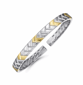 14K Yellow Gold & Sterling Silver Men’s Herringbone Open Cuff Bangle Size 7.25 Bracelets 7