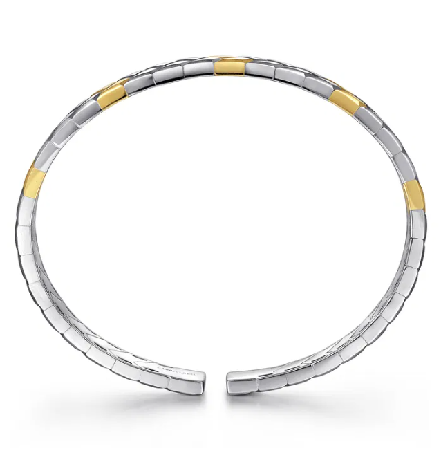 14K Yellow Gold & Sterling Silver Men’s Herringbone Open Cuff Bangle Size 7.25 Bracelets 4