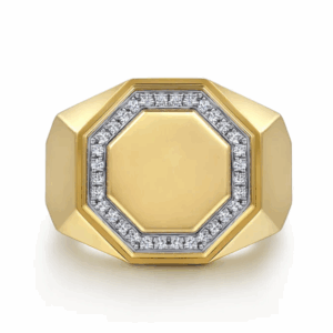 14K Yellow Gold Men's High Polish Hexagon Ring with .20ctw Diamonds Size 10