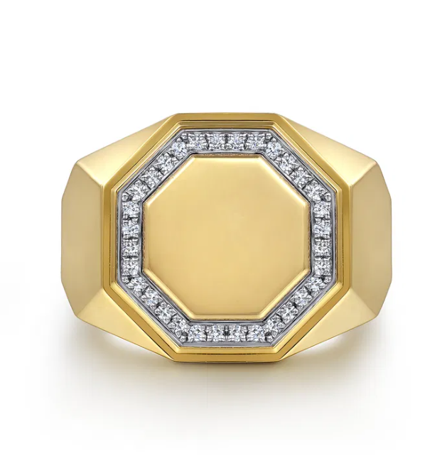 14K Yellow Gold Men’s High Polish Hexagon Ring with .20ctw Diamonds Size 10 Fine Jewelry