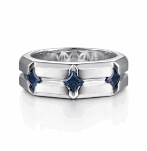 Sterling Silver Men’s Horizontal Brush Finish Station Ring with .93ctw Princess Cut Blue Sapphires Size 10 Fine Jewelry 6