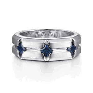 Sterling Silver Men's Horizontal Brush Finish Station Ring with .93ctw Princess Cut Blue Sapphires Size 10