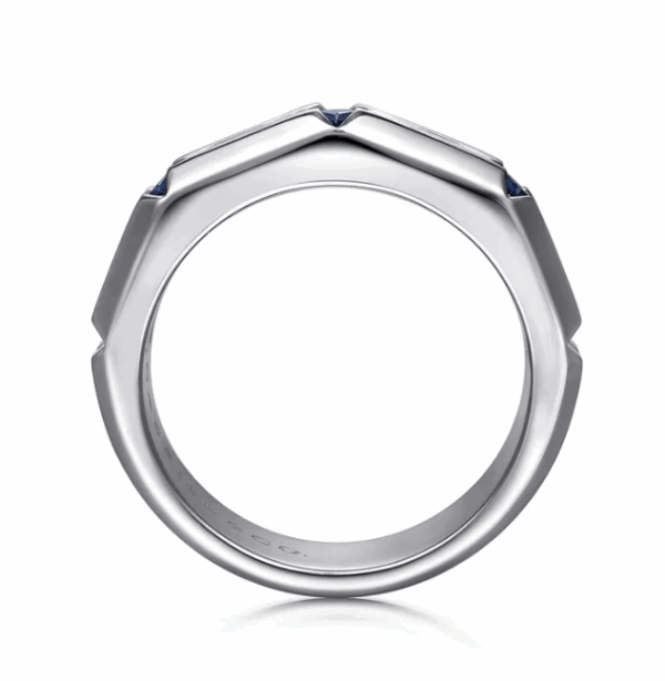 Sterling Silver Men’s Horizontal Brush Finish Station Ring with .93ctw Princess Cut Blue Sapphires Size 10 Fine Jewelry 13