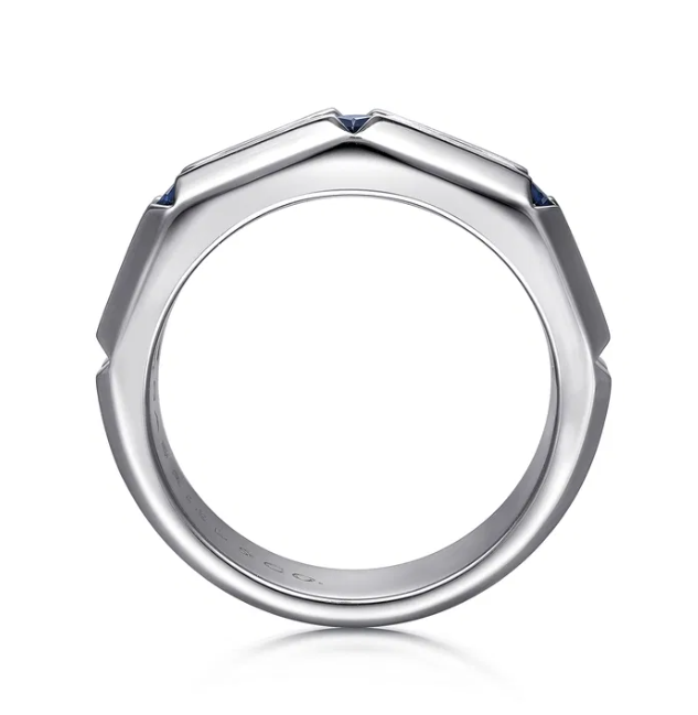 Sterling Silver Men’s Horizontal Brush Finish Station Ring with .93ctw Princess Cut Blue Sapphires Size 10 Fine Jewelry 3