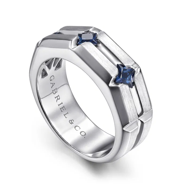 Sterling Silver Men’s Horizontal Brush Finish Station Ring with .93ctw Princess Cut Blue Sapphires Size 10 Fine Jewelry 4