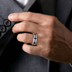 Sterling Silver Men's Horizontal Brush Finish Station Ring with .93ctw Princess Cut Blue Sapphires Size 10