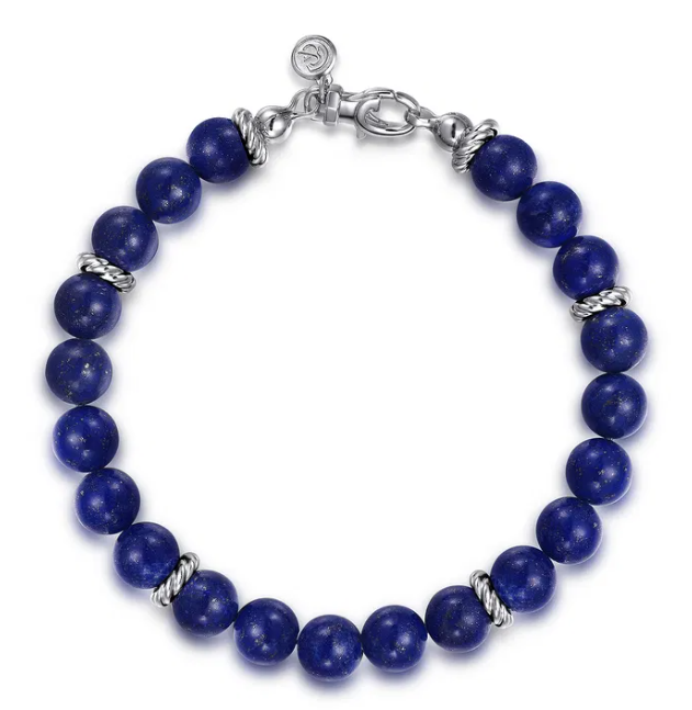 Sterling Silver Men’s Beaded Bracelet with 8mm Blue Lapis 8″ Bracelets