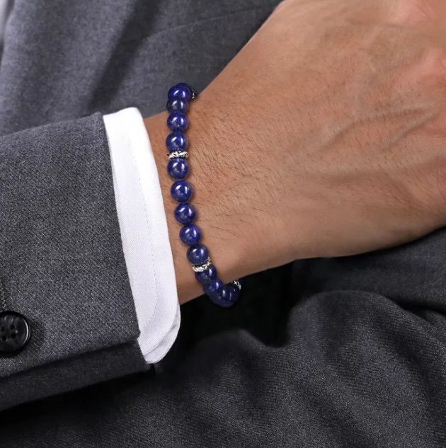 Sterling Silver Men’s Beaded Bracelet with 8mm Blue Lapis 8″ Bracelets 2