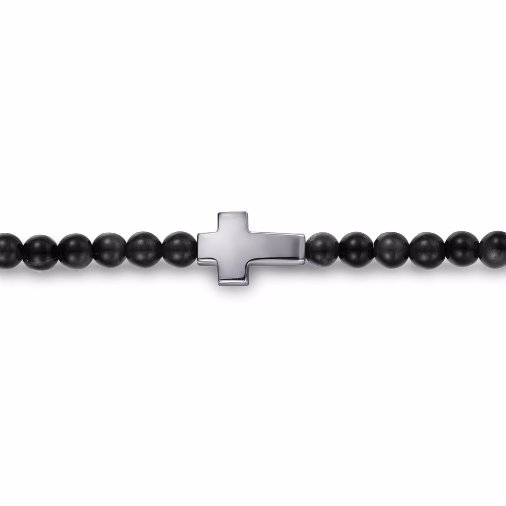 Men’s Sterling Silver Cross Charm Bracelet with Beaded Black Onyx 8″ Bracelets 9