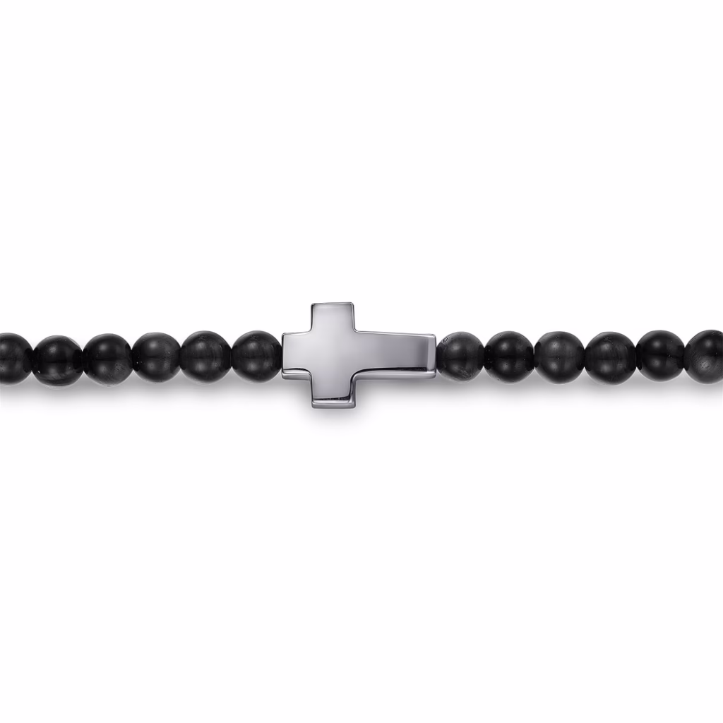 Men’s Sterling Silver Cross Charm Bracelet with Beaded Black Onyx 8″ Bracelets 6