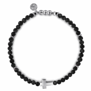 Sterling Silver Men's Cross Charm Bracelet with Beaded Black Onyx 8