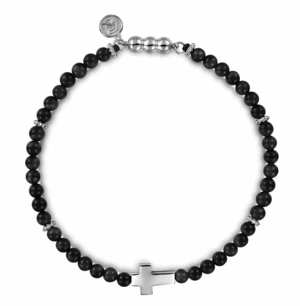 Sterling Silver Men’s Cross Charm Bracelet with Beaded Black Onyx 8″ Bracelets 7