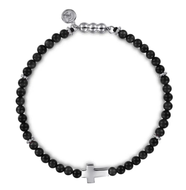 Sterling Silver Men’s Cross Charm Bracelet with Beaded Black Onyx 8″ Bracelets