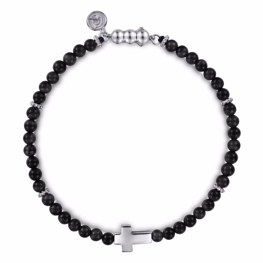 Men’s Sterling Silver Cross Charm Bracelet with Beaded Black Onyx 8″ Bracelets 4
